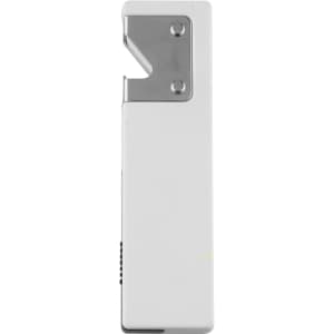 A drink bottle opener in white with a stainless steel top and a simple, sleek design. Features a branding logo.