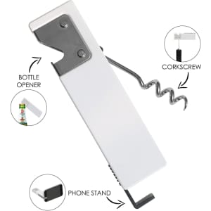 A drink bottle opener in white with a corkscrew and a phone stand feature, also displaying a logo.