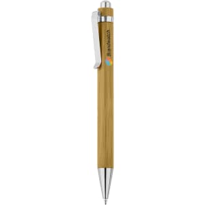 A bamboo pen with a silver clip and accents, featuring a logo on the barrel.