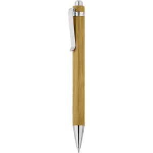 A bamboo pen featuring a sleek design with a silver clip and a chrome tip. Elegant and environmentally friendly.