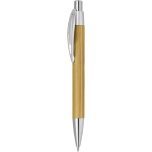 A bamboo pen with a silver clip and tip, featuring a smooth wooden shaft.