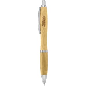 A bamboo pen in a natural wood finish with silver accents and a branding logo.