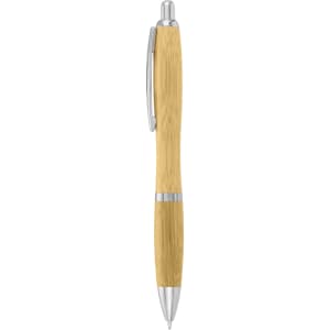 A wooden pen with a bamboo finish and silver accents, featuring a clip and a smooth writing tip.