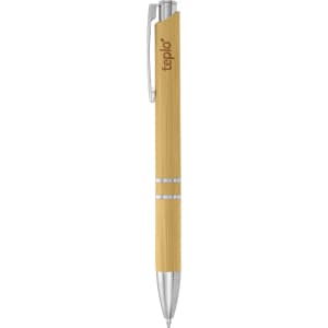 A bamboo pen in a light yellow colour with silver accents and a clip. It features a branding logo.