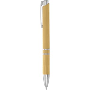 A bamboo pen in a warm yellow shade with silver accents and a clip, featuring a logo on its body.