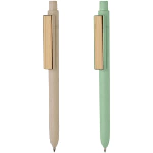 A bamboo fibre pen in beige and a green variant, featuring a sleek metal clip and a simple design.