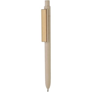 A bamboo fibre pen in a natural colour with a wooden clip. The pen features a minimalist design and a logo.