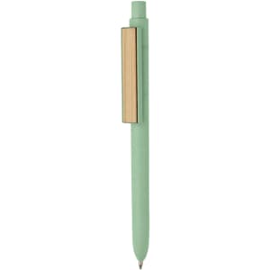 A bamboo fibre pen in a soft green colour with a wooden clip, featuring a simple and modern design.