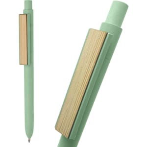 A green bamboo fiber pen with a wooden clip, featuring a simple design and smooth finish.