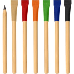 A set of bamboo pencils featuring coloured tips in red, orange, green, blue, and black, along with a natural pencil.