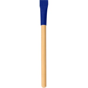 A bamboo pencil with a blue rubber grip at the top, featuring a simple design and a natural finish.