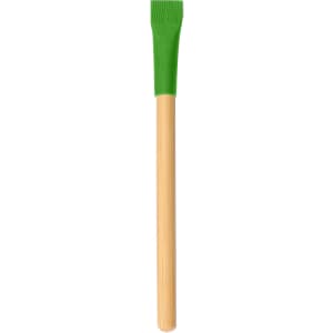A bamboo pencil with a green rubber grip at one end, designed for writing.