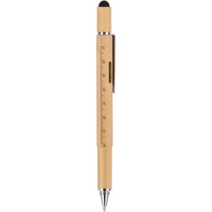A bamboo tool pen featuring a silver tip, black stylus end, and a small ruler along the barrel. It has a logo.