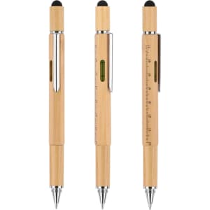 A Bamboo Tool Pen in a natural finish with a stylus tip and a ruler along the barrel, featuring a pocket clip.