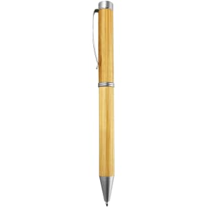 A bamboo pen with a metal clip and silver accents, featuring a natural wood finish. It has a sleek design and branding.