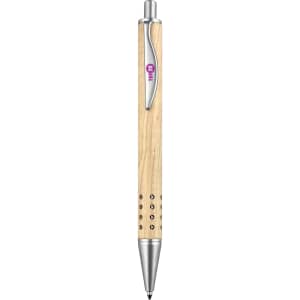 A natural wood pen featuring a silver metal tip and clip, with a decorative pattern along the barrel.
