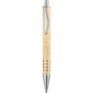 A metal pen with a light wooden body and silver accents, featuring a sleek design and a logo.
