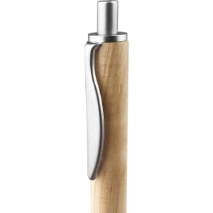 A pen with a natural wood body and a silver metal clip, featuring a sleek design and polished finish.