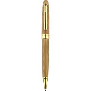 A bamboo pen with a gold clip and trim, showcasing a sleek design. The pen features natural wood texture.