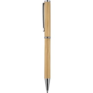 A bamboo pen with a silver metal clip and accents, featuring a sleek design for writing.