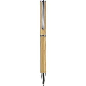 A bamboo pen with metallic accents, featuring a sleek design and a silver clip.