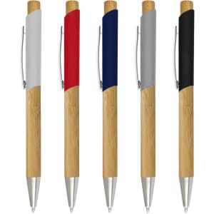 A collection of French Bamboo Pens in silver, red, navy, grey, and black with metallic tips and branded clips.
