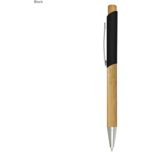 A bamboo pen featuring a black grip and silver clip, showcasing a natural wooden finish.