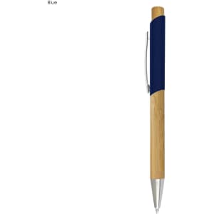 A bamboo pen with a navy blue grip and silver accents. It features a clip and unique wooden finish.