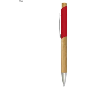 A bamboo pen featuring a red grip and silver accents, complete with a clip. It has a logo on the surface.