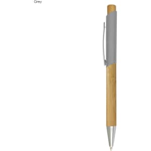 A bamboo pen featuring a grey barrel and silver clip. The pen showcases a natural wooden design.