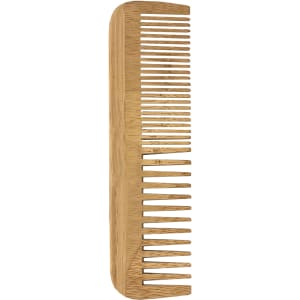 A bamboo comb with fine and wide teeth, featuring a natural light brown colour and a smooth finish.