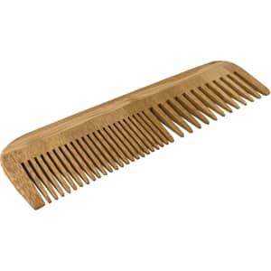 A bamboo comb featuring a smooth finish and evenly spaced teeth, showcasing a natural wood colour.