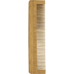 A bamboo comb with a smooth, natural wooden finish and wide teeth, featuring a simple design.