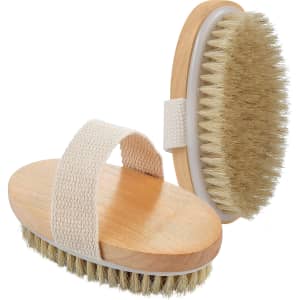 A wood body brush featuring a wooden base, natural bristles, and a fabric grip strap.