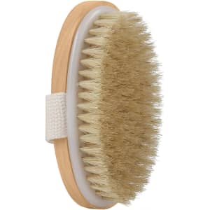 A wood body brush with soft bristles, featuring a natural timber handle and a cotton strap.