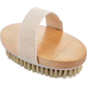 A wooden body brush featuring a natural bristle head and a beige fabric strap for grip.