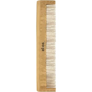A bamboo comb featuring fine and wide teeth, showcasing a natural wood finish with a logo.