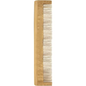 A bamboo comb featuring a sleek, natural finish with fine and wide teeth for versatile grooming.