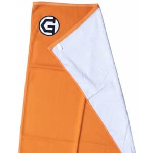 An orange beach towel with a white underside and a black logo on one corner.