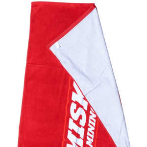 A red and white beach towel made from cotton, measuring 75cm x 150cm, featuring a logo.