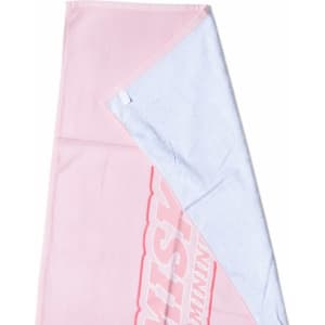 A pink and white beach towel, featuring a logo, measuring 80cm x 160cm.