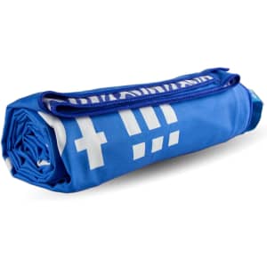 A rolled blue towel with a zippered compartment and a logo, made of 200G suede fabric.