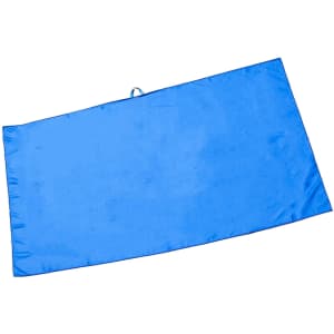 A blue suede fabric beach towel featuring a smooth texture, with a loop for hanging.