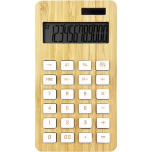 A bamboo calculator featuring a wooden texture and white buttons, with a digital display at the top.