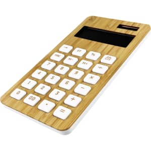A bamboo calculator features a wooden design with white buttons and a solar panel, ideal for office use.