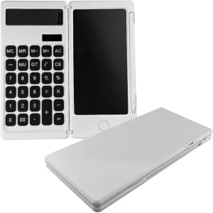 A white, foldable calculator featuring a keypad and an LCD screen. It has a sleek, compact design and a logo.