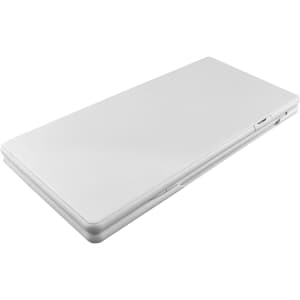A white, slim calculator with a smooth finish and a branding logo on the surface.