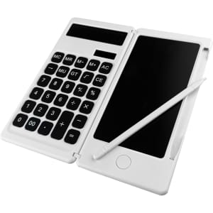 A white Note It Calculator with a digital display, buttons, and a stylus pen attached.