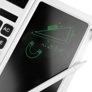 A white calculator with a black display featuring mathematical drawings and a stylus resting on it.