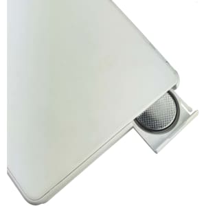 A white calculator with a slide-out compartment revealing a circular, metallic grid. It has a logo on its surface.